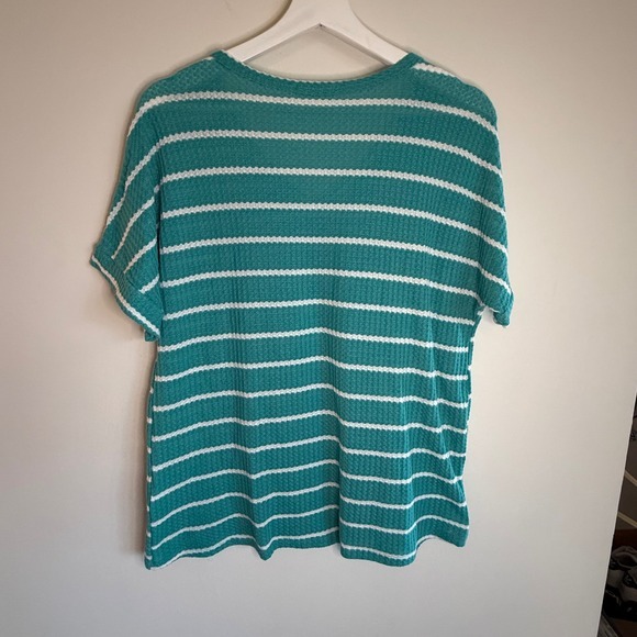 BomBom Teal Striped V Neck‎ Top Casual Short Sleeve Waffle Knit Relaxed Fit - Picture 5 of 5